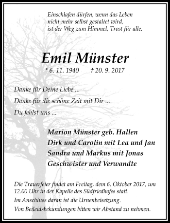 Todesanzeige von Emil Münster von Rheinische Post