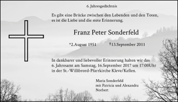 Todesanzeige von Franz Peter Sonderfeld von Rheinische Post