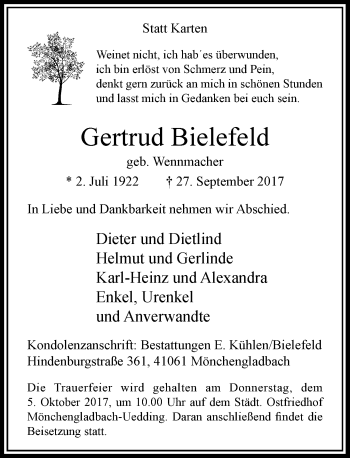 Todesanzeige von Gertrud Bielefeld von Rheinische Post