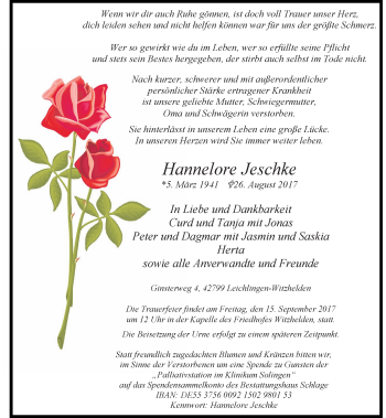 Todesanzeige von Hannelore Jeschke von Rheinische Post