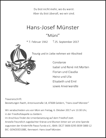 Todesanzeige von Hans-Josef Münster von Rheinische Post