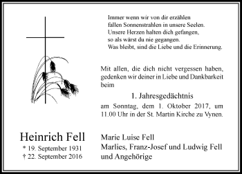 Todesanzeige von Heinrich Fell von Rheinische Post