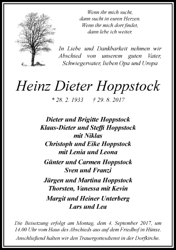 Todesanzeige von Heinz Dieter Hoppstock von Rheinische Post