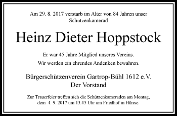 Todesanzeige von Heinz Dieter Hoppstock von Rheinische Post