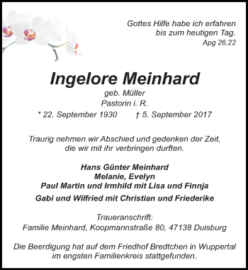 Todesanzeige von Ingelore Meinhard von Rheinische Post