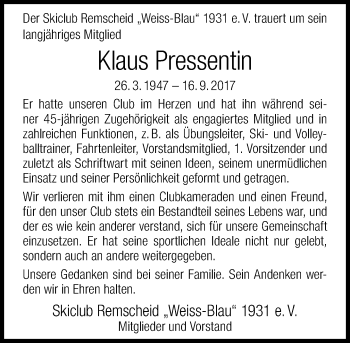Todesanzeige von Klaus Pressentin von Rheinische Post