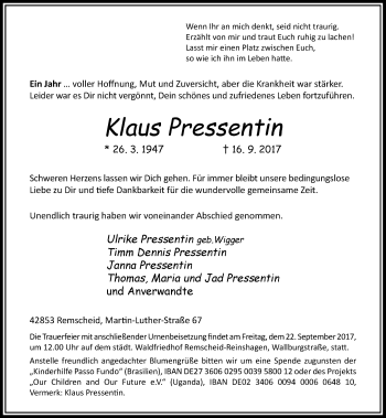 Todesanzeige von Klaus Pressentin von Rheinische Post