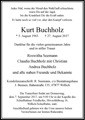 Todesanzeige von Kurt Buchholz von Rheinische Post