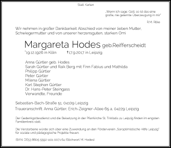 Todesanzeige von Margareta Hodes von Rheinische Post