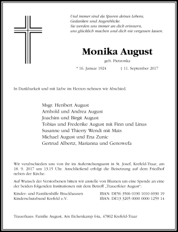 Todesanzeige von Monika August von Rheinische Post