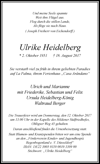 Todesanzeige von Ulrike Heidelberg von Rheinische Post