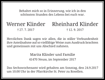 Todesanzeige von Werner und Rheinhard Klinder von Rheinische Post