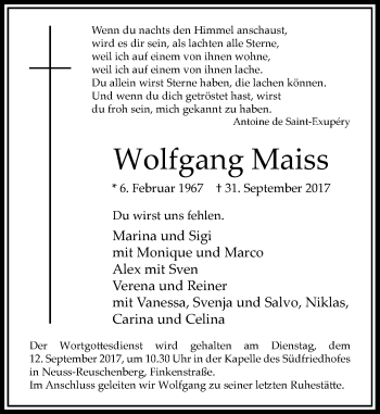 Todesanzeige von Wolfgang Maiss von Rheinische Post