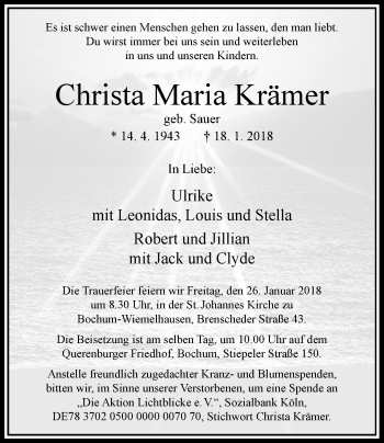 Todesanzeige von Christa Maria Krämer von Rheinische Post
