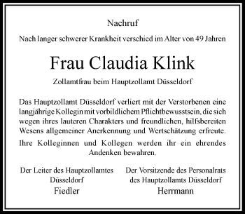 Todesanzeige von Claudia Klink von Rheinische Post