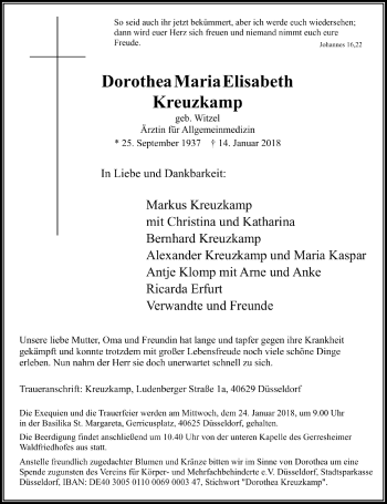 Todesanzeige von Dorothea Maria Elisabeth Kreuzkamp von Rheinische Post
