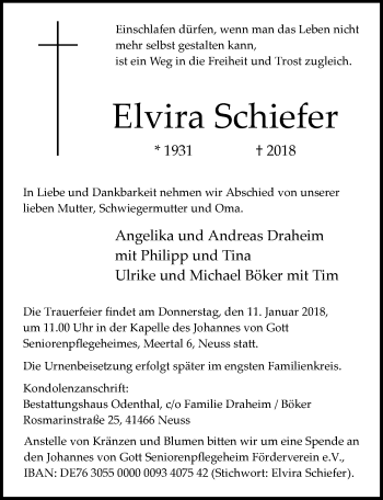 Todesanzeige von Elvira Schiefer von Rheinische Post