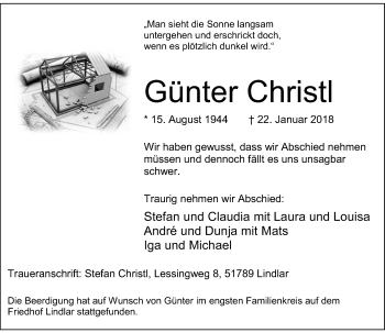Todesanzeige von Günter Christl von Rheinische Post