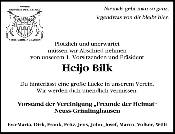 Todesanzeige von Heijo Bilk von Rheinische Post