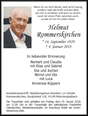 Todesanzeige von Helmut Rommerskirchen von Rheinische Post