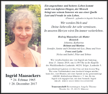Todesanzeige von Ingrid Maasackers von Rheinische Post
