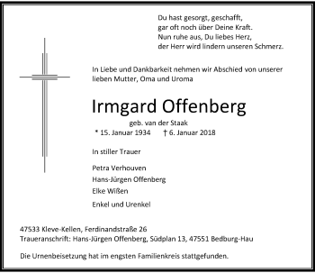 Todesanzeige von Irmgard Offenberg von Rheinische Post