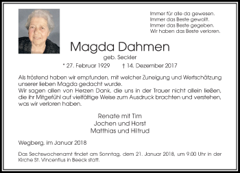 Todesanzeige von Magda Dahmen von Rheinische Post