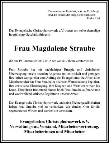 Todesanzeige von Magdalene Straube von Rheinische Post