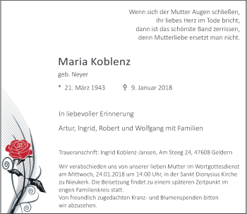 Todesanzeige von Maria Koblenz von Rheinische Post