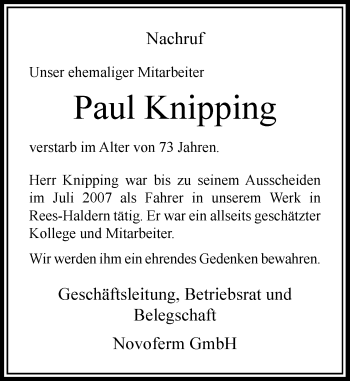 Todesanzeige von Paul Knipping von Rheinische Post