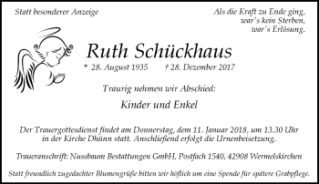 Todesanzeige von Ruth Schückhaus von Rheinische Post