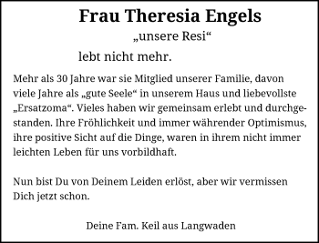 Todesanzeige von Theresia Engels von Rheinische Post