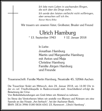 Todesanzeige von Ulrich Hamburg von Rheinische Post