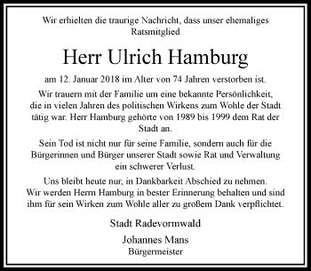 Todesanzeige von Ulrich Hamburg von Rheinische Post
