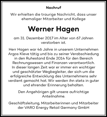 Todesanzeige von Werner Hagen von Rheinische Post