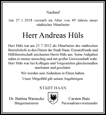 Todesanzeige von Andreas Hüls von Rheinische Post