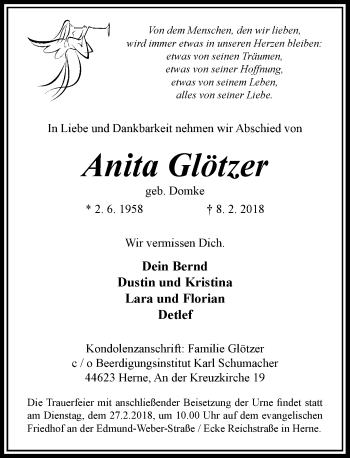 Todesanzeige von Anita Glötzer von Rheinische Post