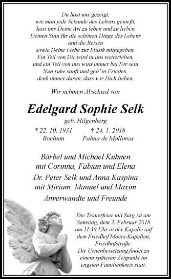 Todesanzeige von Edelgard Sophie Selk von Rheinische Post