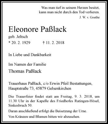 Todesanzeige von Eleonore Paßlack von Rheinische Post
