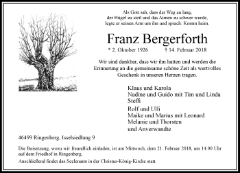 Todesanzeige von Franz Bergerforth von Rheinische Post
