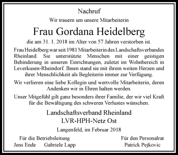 Todesanzeige von Gordana Heidelberg von Rheinische Post
