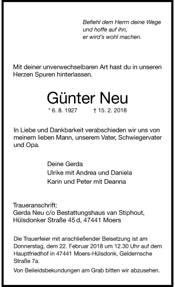 Todesanzeige von Günter Neu von Rheinische Post