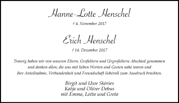 Todesanzeige von Hanne-Lotte und Erich Henschel von Rheinische Post