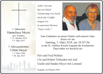 Todesanzeige von Hanneliese und Urban Meyer von Rheinische Post