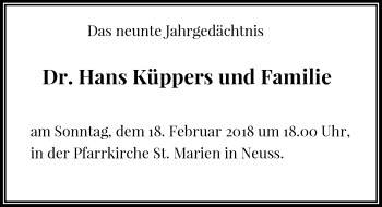 Todesanzeige von Hans Küppers von Rheinische Post