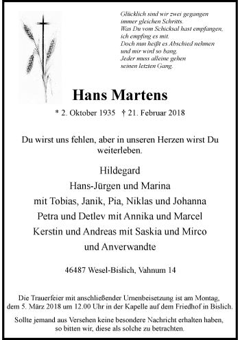 Todesanzeige von Hans Martens von Rheinische Post