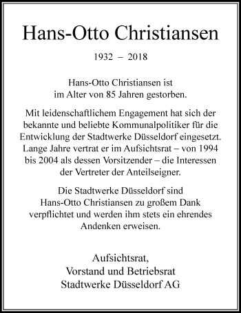 Todesanzeige von Hans-Otto Christiansen von Rheinische Post