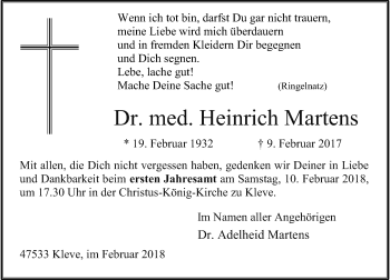 Todesanzeige von Heinrich Martens von Rheinische Post