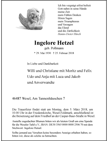 Todesanzeige von Ingelore Hetzel von Rheinische Post