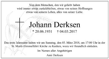 Todesanzeige von Johann Derksen von Rheinische Post
